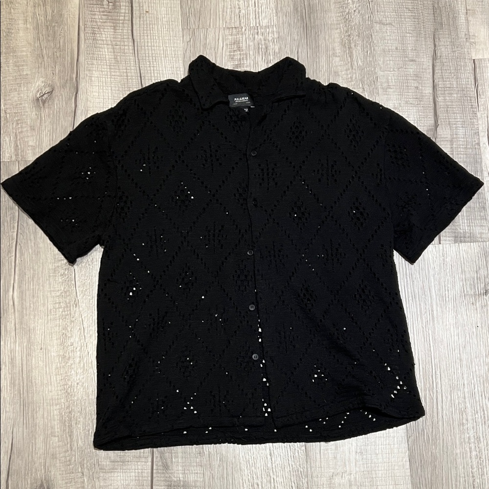 Textured boxy fit Black Short Sleeve Button-Up Shirt Large